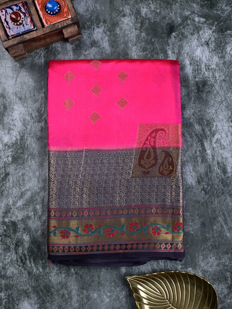 Akshara silk pattu saree pink color allover zari butis & zari border with contrast brocade pallu and brocade blouse