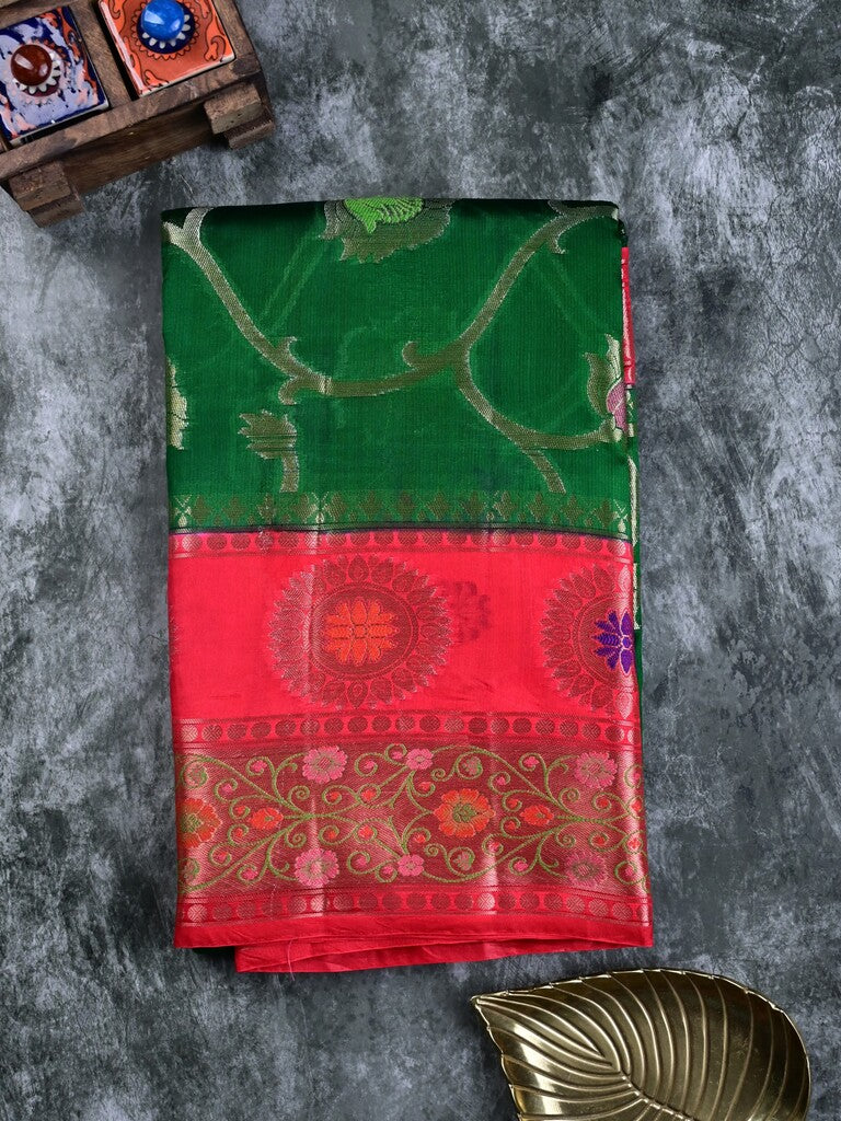 Akshara silk pattu saree bottle green color allover zari weaves & zari border with contrast brocade pallu and brocade blouse