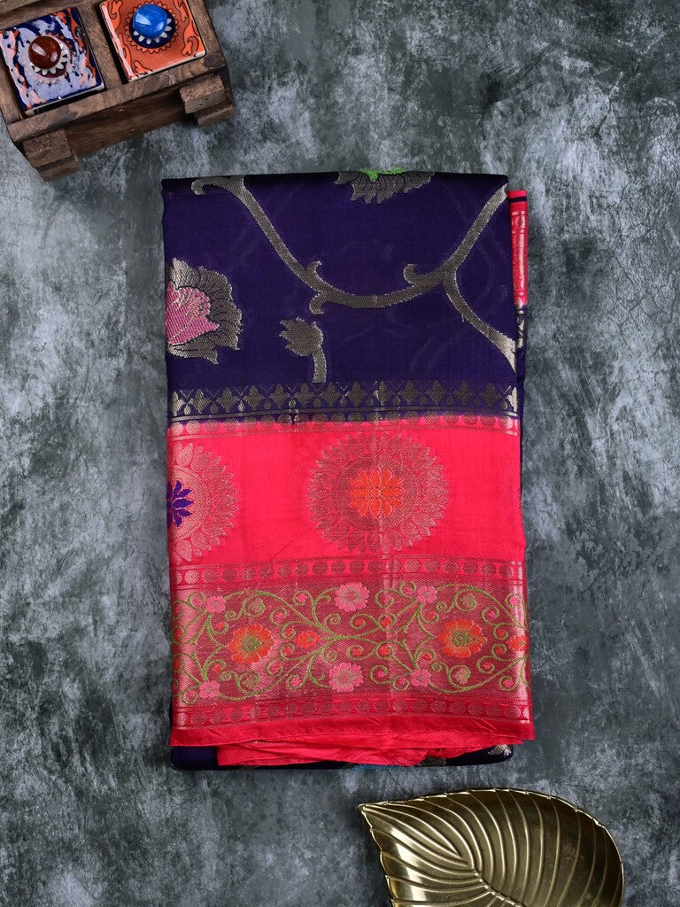 Akshara silk pattu saree navy blue color allover zari weaves & zari border with contrast brocade pallu and brocade blouse