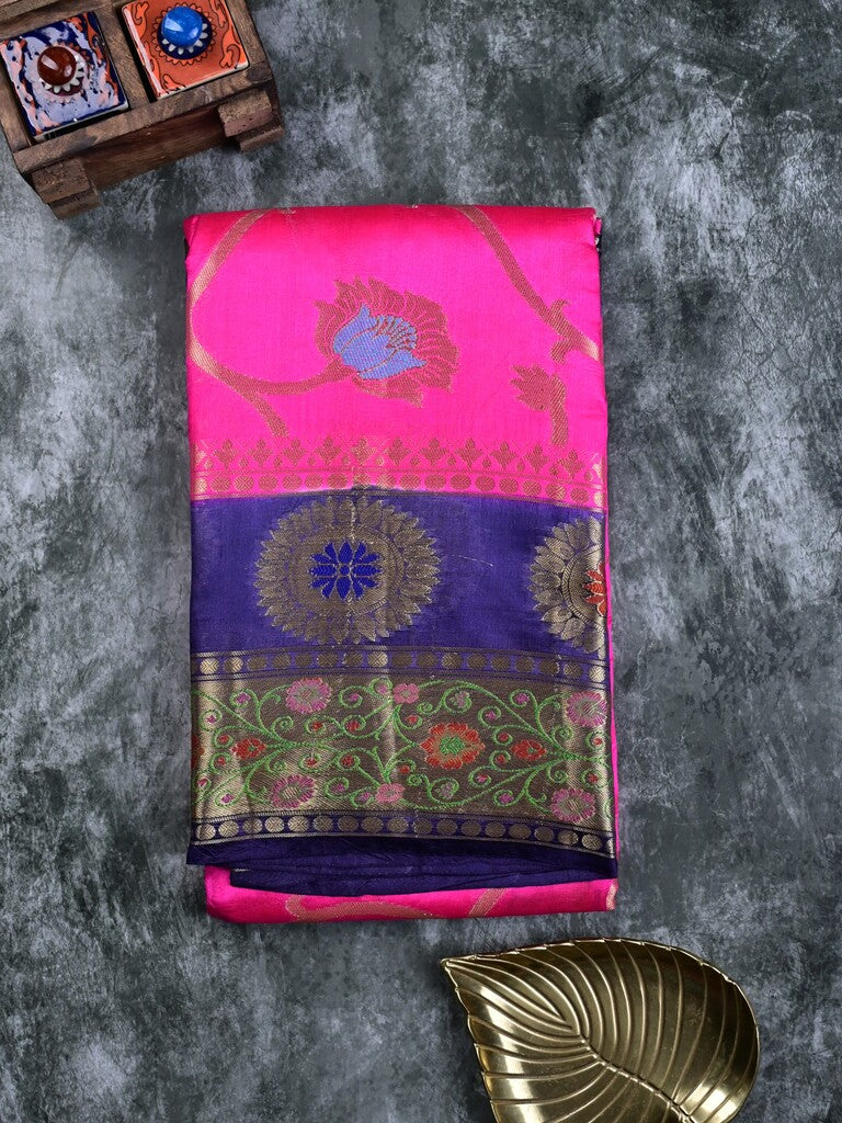 Akshara silk pattu saree pink color allover zari weaves & zari border with contrast brocade pallu and brocade blouse