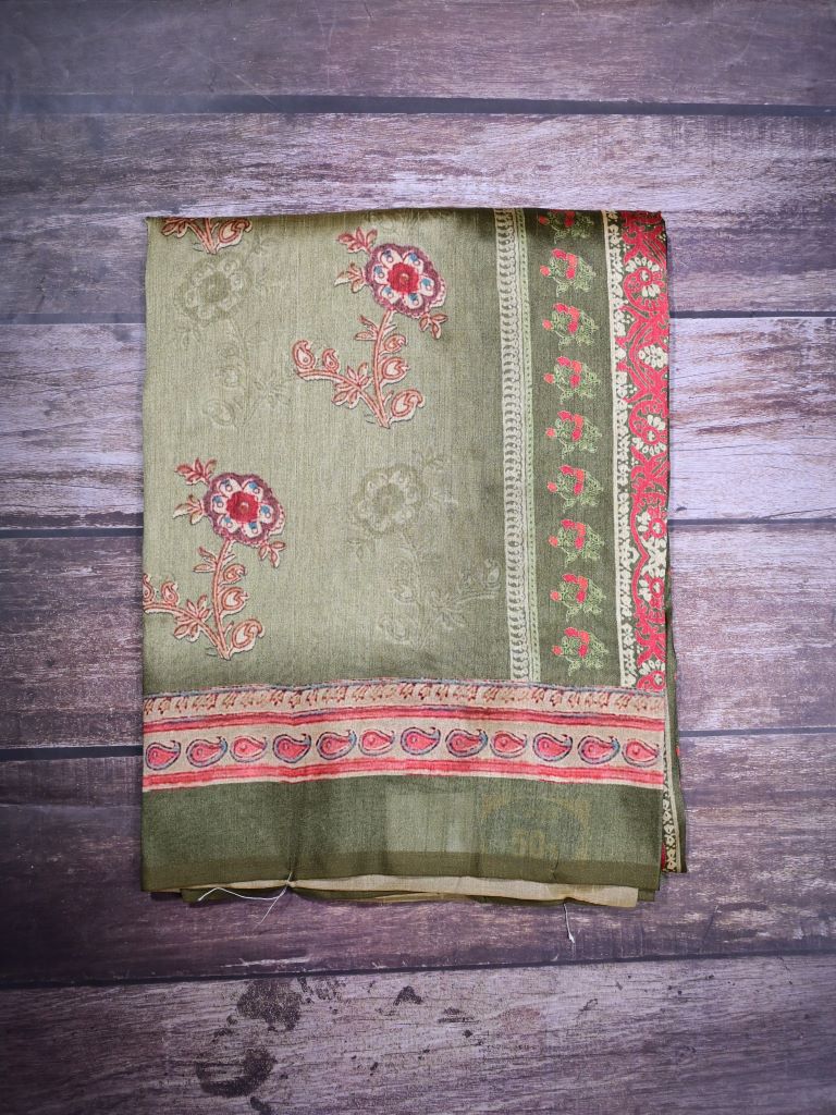 Tussar fancy saree light green color allover digital prints & printed border with printed pallu and contrast printed blouse