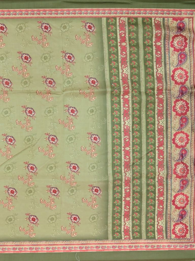 Tussar fancy saree light green color allover digital prints & printed border with printed pallu and contrast printed blouse