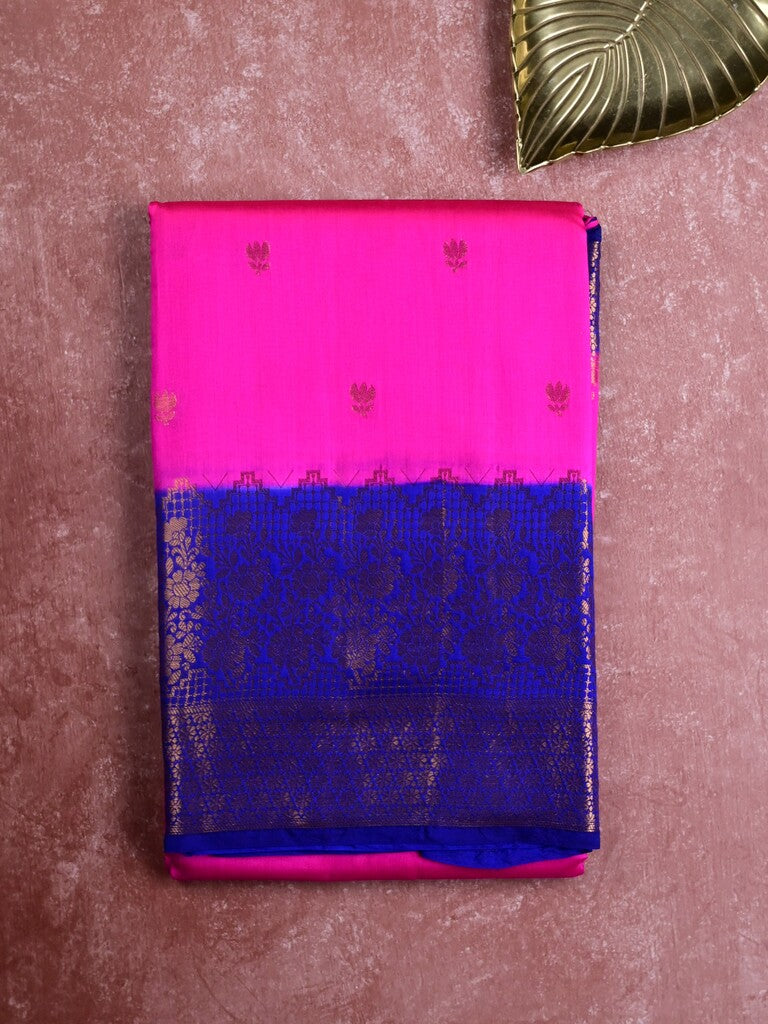 Munga pattu saree pink color allover zari butis & zari border with contrast brocade pallu and brocade blouse