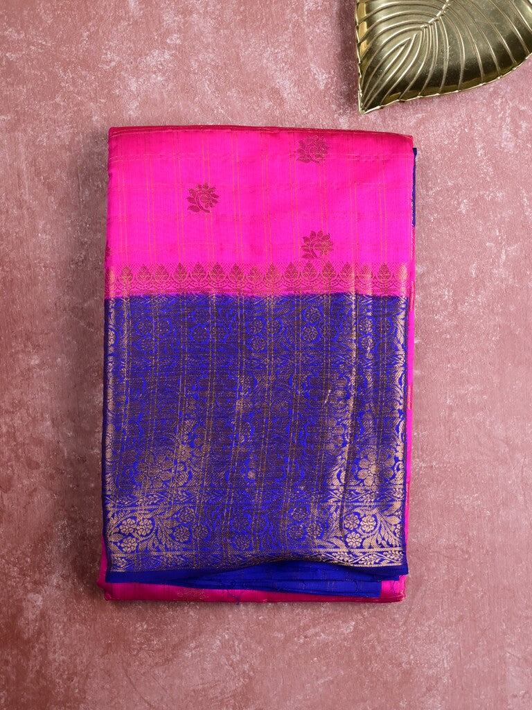 Munga pattu saree pink color allover zari butis & zari border with contrast brocade pallu and brocade blouse