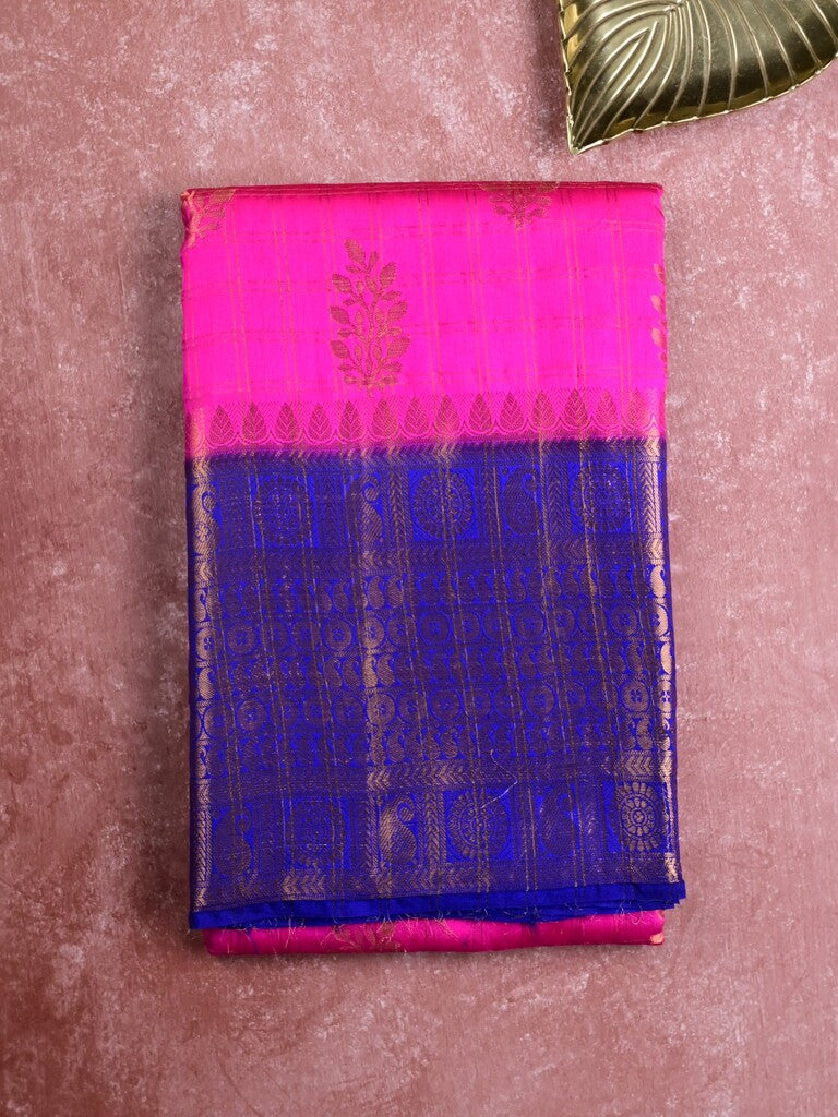 Munga pattu saree pink color allover zari butis & zari border with contrast brocade pallu and brocade blouse