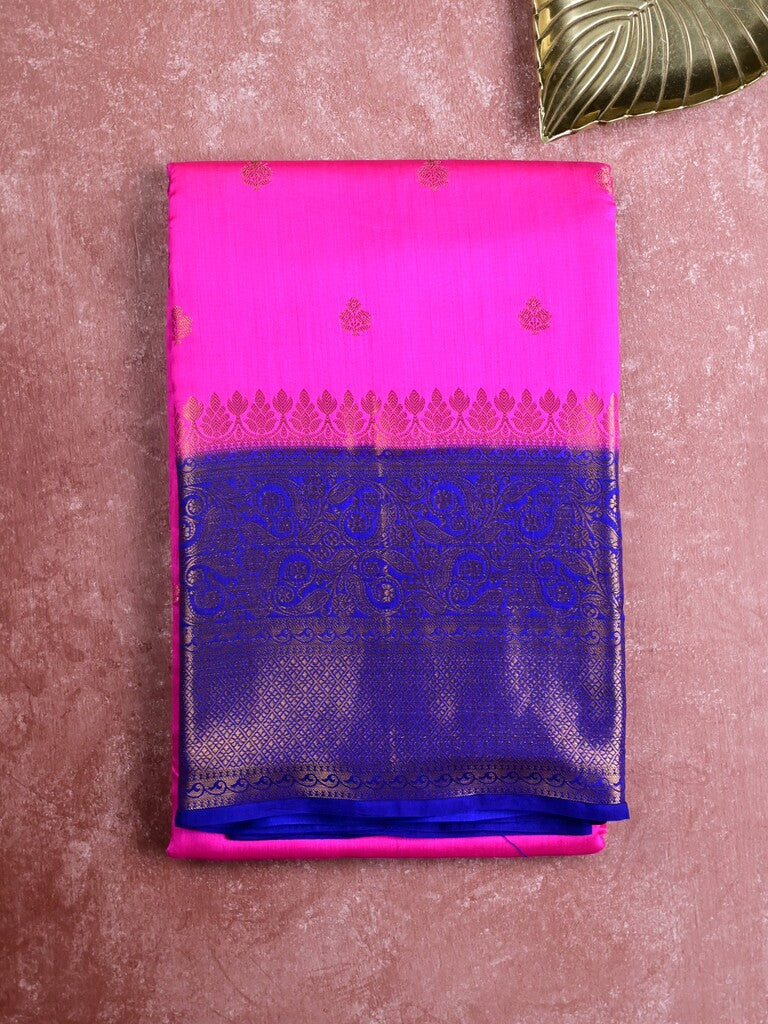 Munga pattu saree pink color allover zari butis & zari border with contrast brocade pallu and brocade blouse