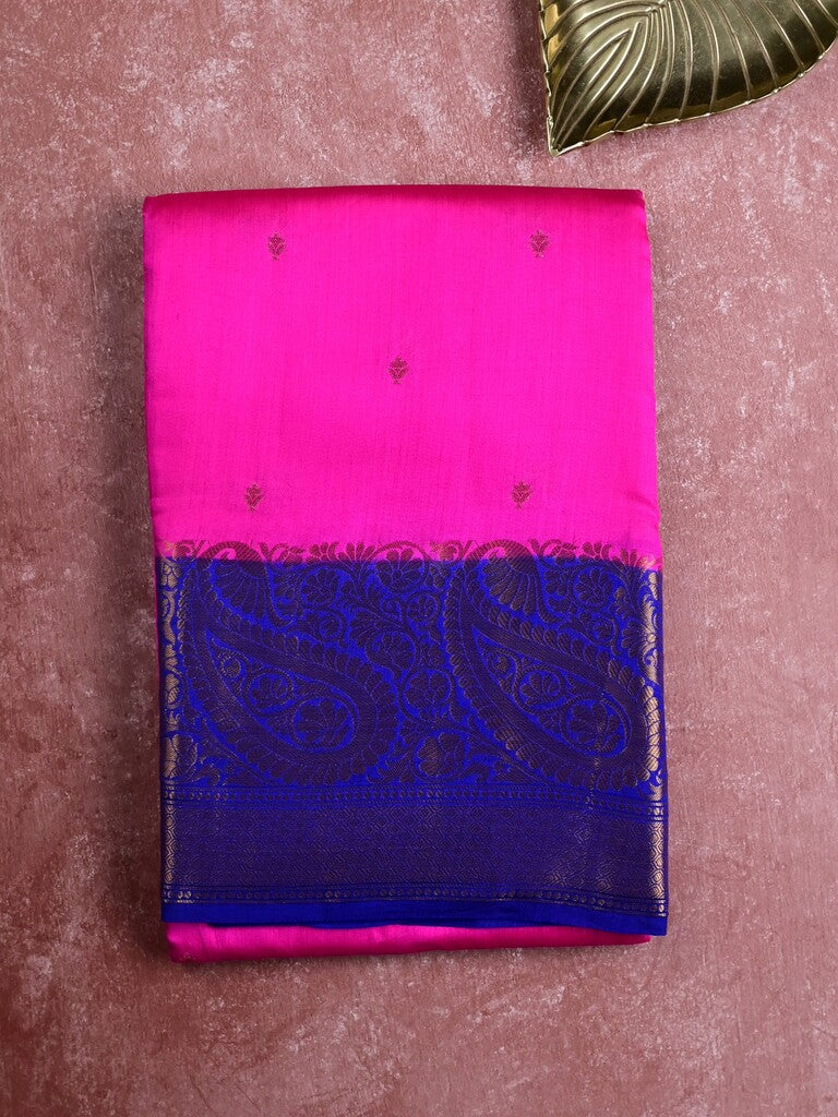 Munga pattu saree pink color allover zari butis & zari border with contrast brocade pallu and brocade blouse