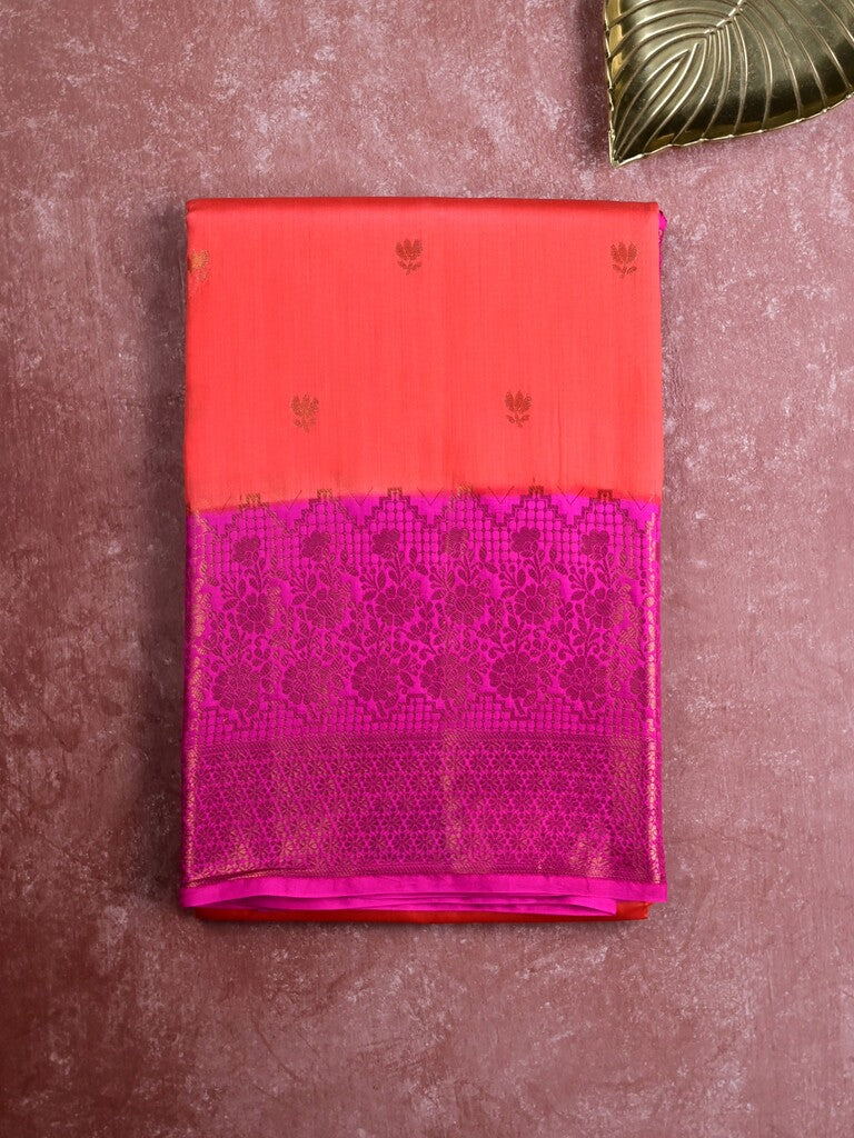 Munga pattu saree orange color allover zari butis & zari border with contrast brocade pallu and brocade blouse