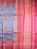 Akshara silk pattu saree grey color allover zari butis & zari border with contrast brocade pallu and brocade blouse