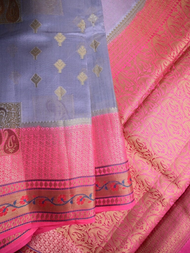 Akshara silk pattu saree grey color allover zari butis & zari border with contrast brocade pallu and brocade blouse