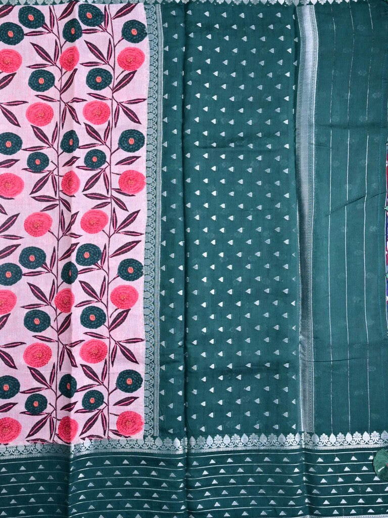 Munga pattu saree baby pink color allover prints & zari border with contrast pallu and attached blouse