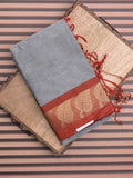 Dhaka cotton saree grey color allover plain & small border with contrast pallu and attached plain blouse