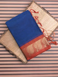 Dhaka cotton saree royal blue color allover plain & small border with contrast pallu and attached plain blouse