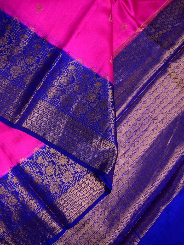 Munga pattu saree pink color allover zari butis & zari border with contrast brocade pallu and brocade blouse