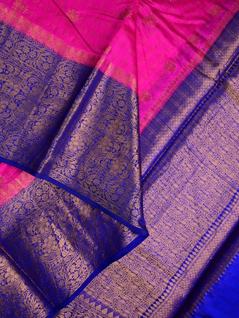 Munga pattu saree pink color allover zari butis & zari border with contrast brocade pallu and brocade blouse