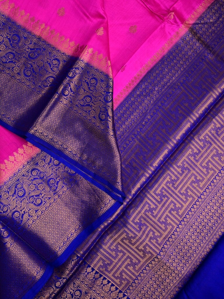 Munga pattu saree pink color allover zari butis & zari border with contrast brocade pallu and brocade blouse