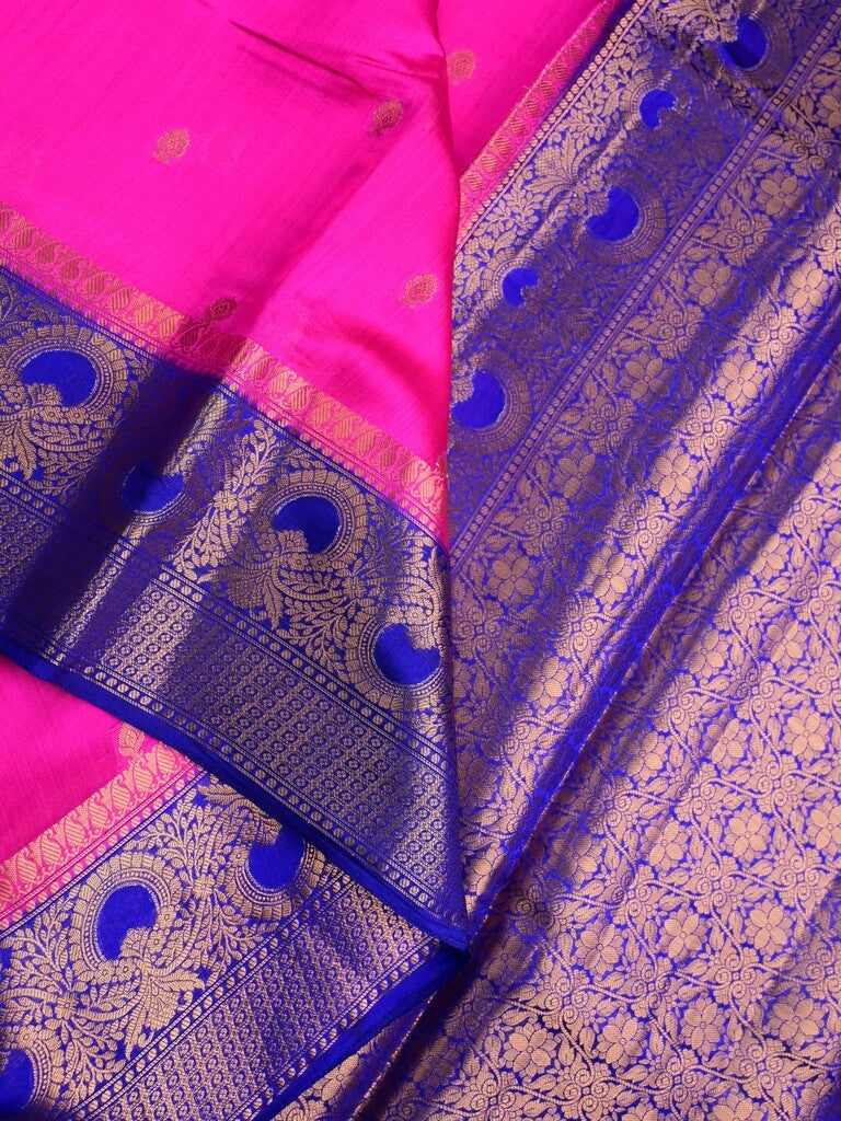 Munga pattu saree pink color allover zari butis & zari border with contrast brocade pallu and brocade blouse