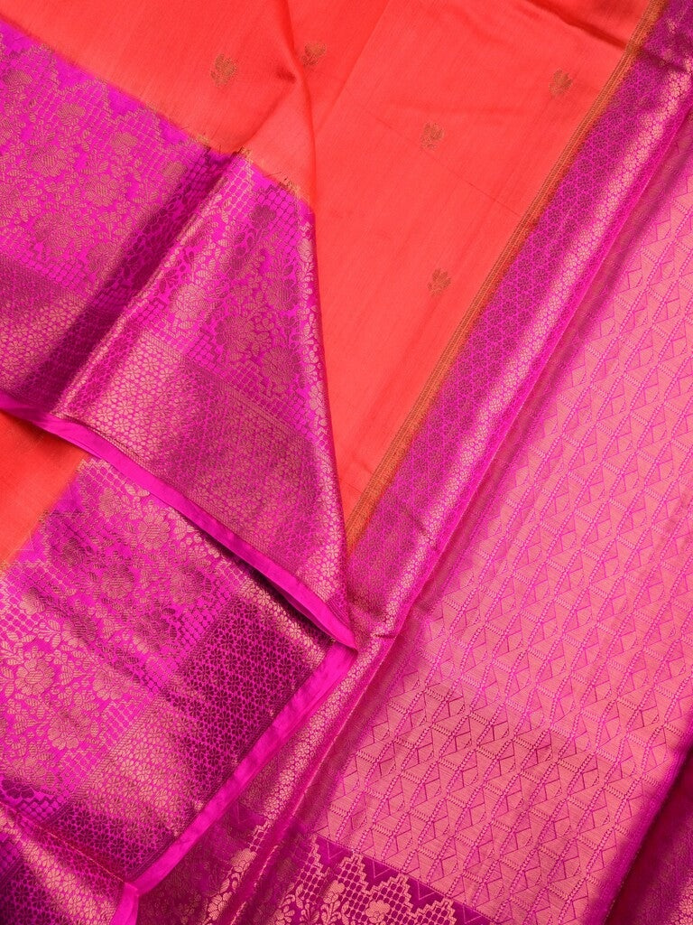 Munga pattu saree orange color allover zari butis & zari border with contrast brocade pallu and brocade blouse