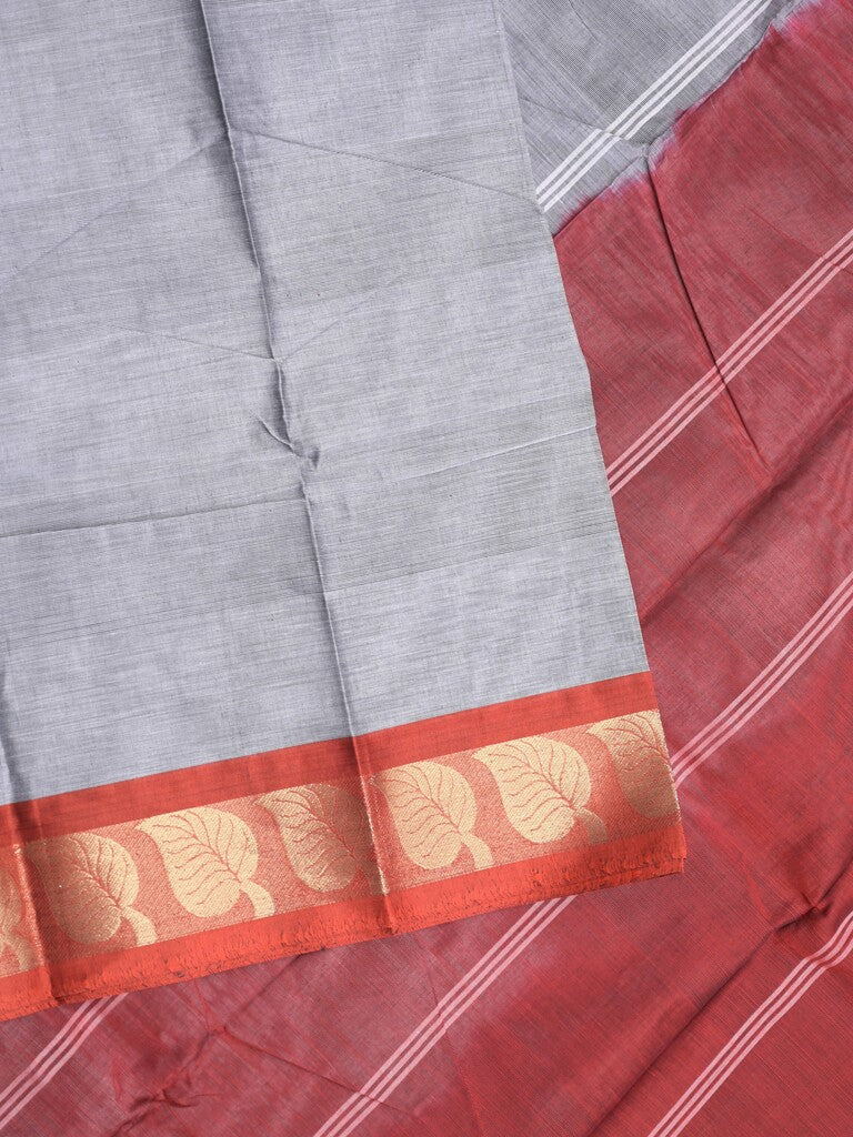 Dhaka cotton saree grey color allover plain & small border with contrast pallu and attached plain blouse
