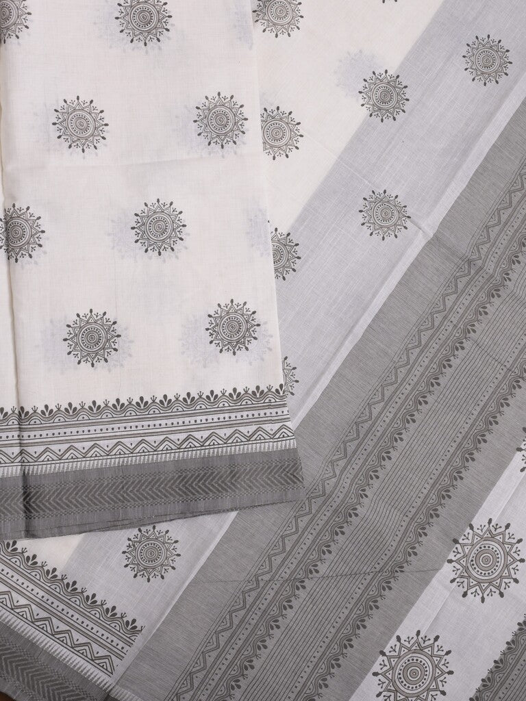 Kanchi cotton saree white color allover prints & small border with contrast pallu and attached plain blouse