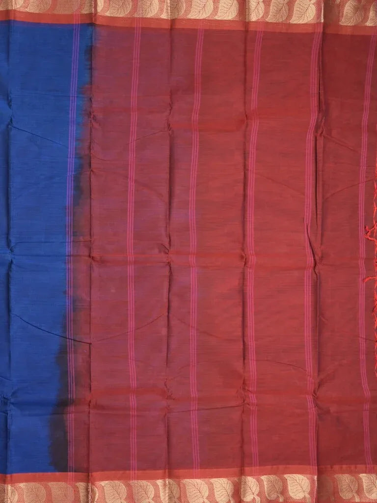 Dhaka cotton saree royal blue color allover plain & small border with contrast pallu and attached plain blouse