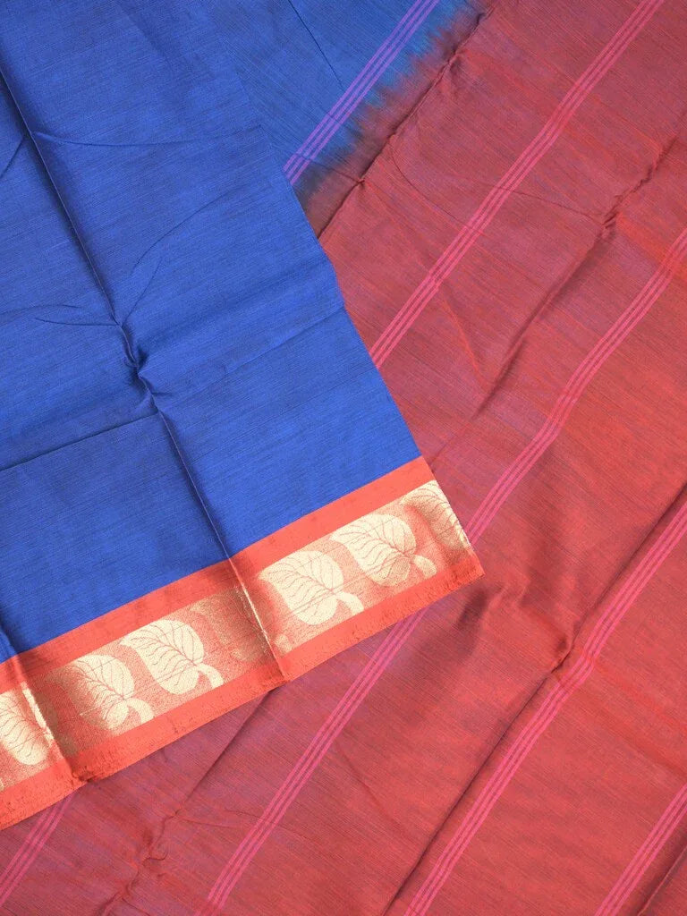 Dhaka cotton saree royal blue color allover plain & small border with contrast pallu and attached plain blouse