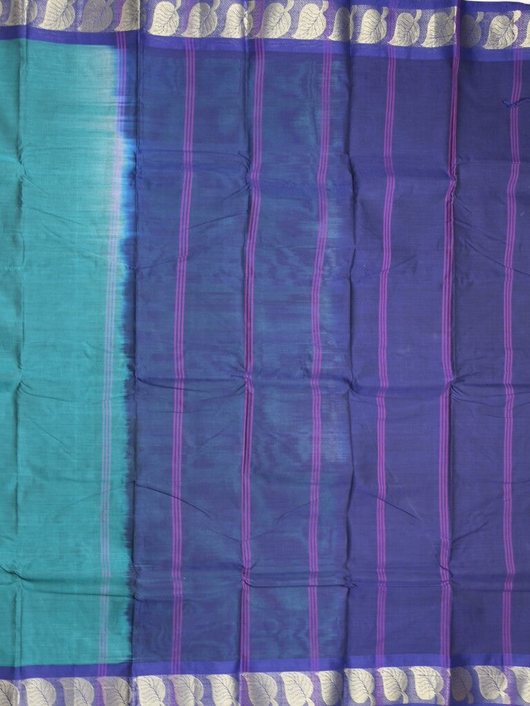 Dhaka cotton saree peacock blue color allover plain & small border with contrast pallu and attached plain blouse