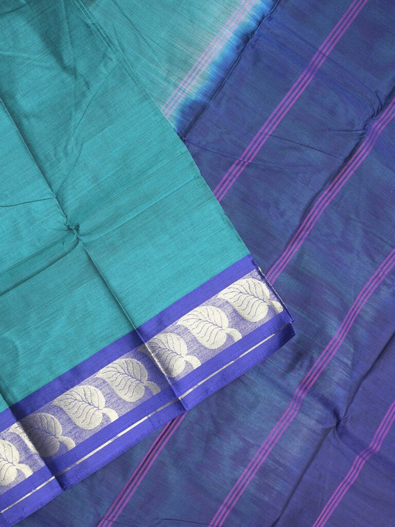 Dhaka cotton saree peacock blue color allover plain & small border with contrast pallu and attached plain blouse