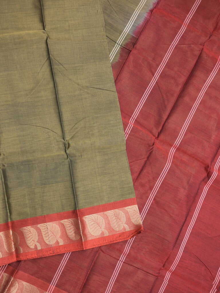 Dhaka cotton saree snuff color allover plain & small border with contrast pallu and attached plain blouse