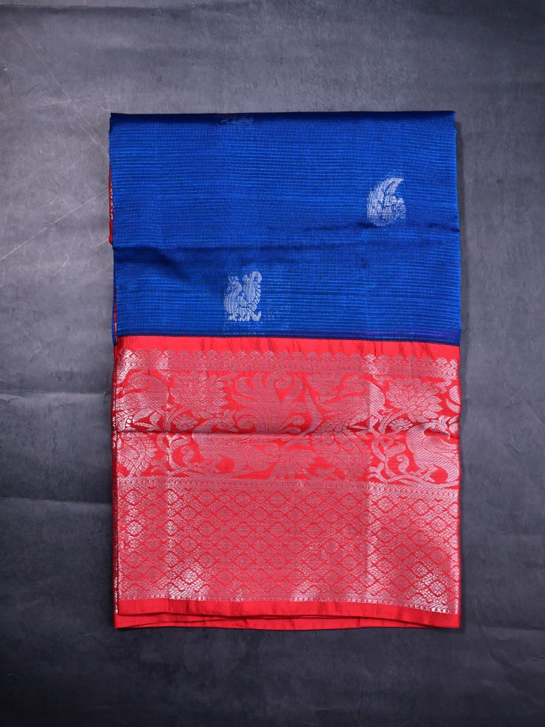 Mangalagiri fancy saree blue color allover zari motives & zari border with rich pallu and contrast plain blouse