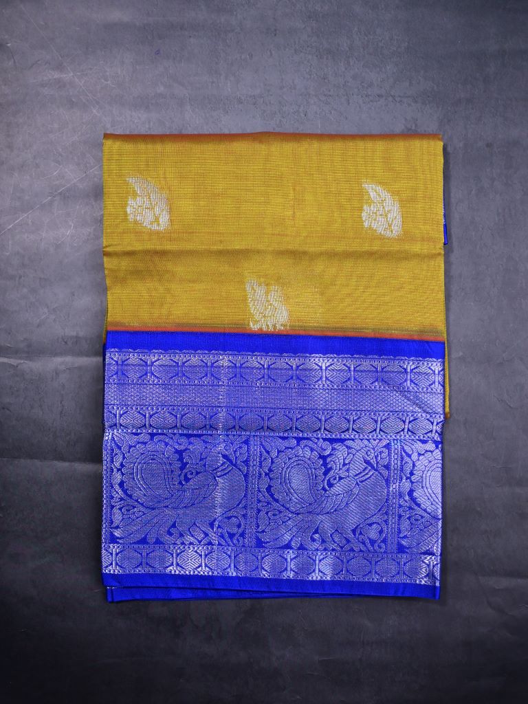 Mangalagiri fancy saree mustard yellow color allover zari motives & zari border with rich pallu and contrast plain blouse