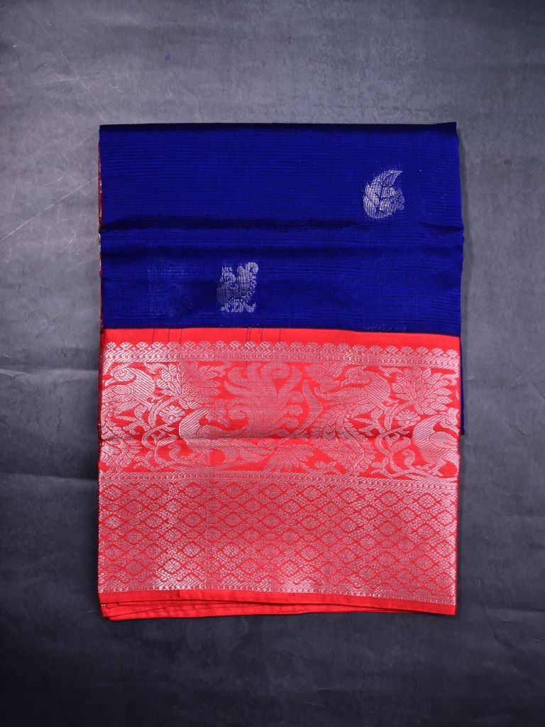 Mangalagiri fancy saree royal blue color allover zari motives & zari border with rich pallu and contrast plain blouse