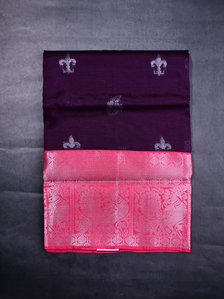 Mangalagiri fancy saree dark wine color allover zari motives & zari border with rich pallu and contrast plain blouse