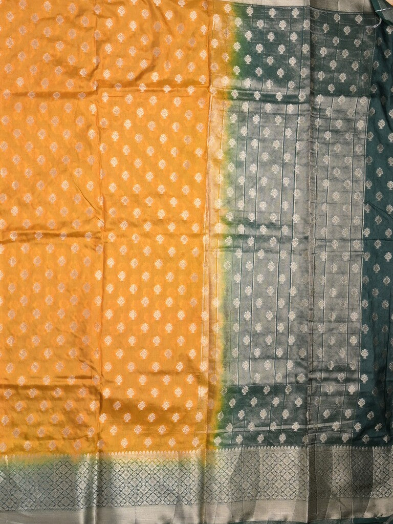 Dupion fancy saree mustard yellow color allover motifs & zari border with contrast pallu and attached blouse