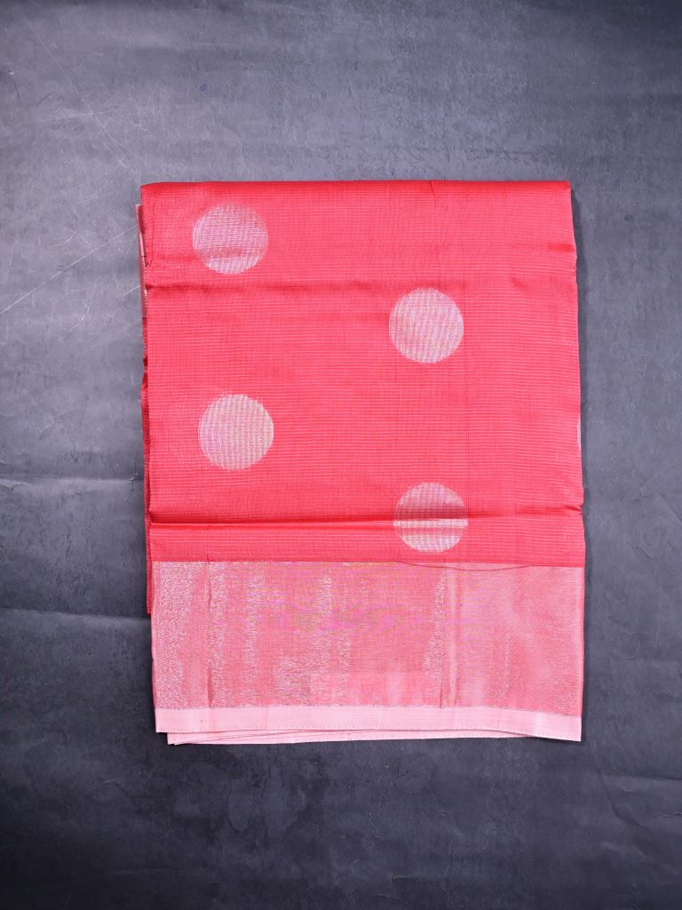 Mangalagiri fancy saree coral pink color allover zari motives & small kaddi border with rich pallu and plain tissue blouse