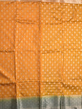 Dupion fancy saree mustard yellow color allover motifs & zari border with contrast pallu and attached blouse