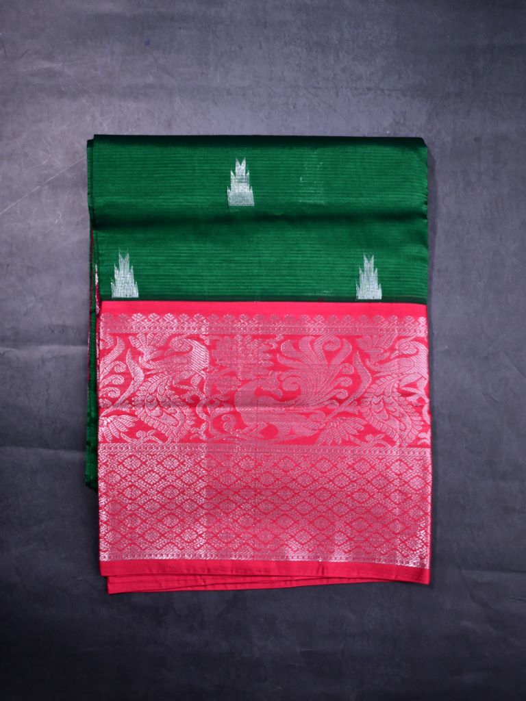 Mangalagiri fancy saree bottle green color allover zari motives & zari border with rich pallu and contrast plain blouse