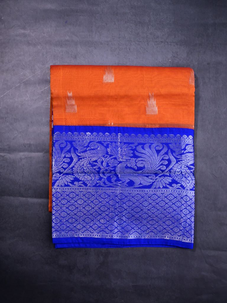 Mangalagiri fancy saree orange color allover zari motives & zari border with rich pallu and contrast plain blouse