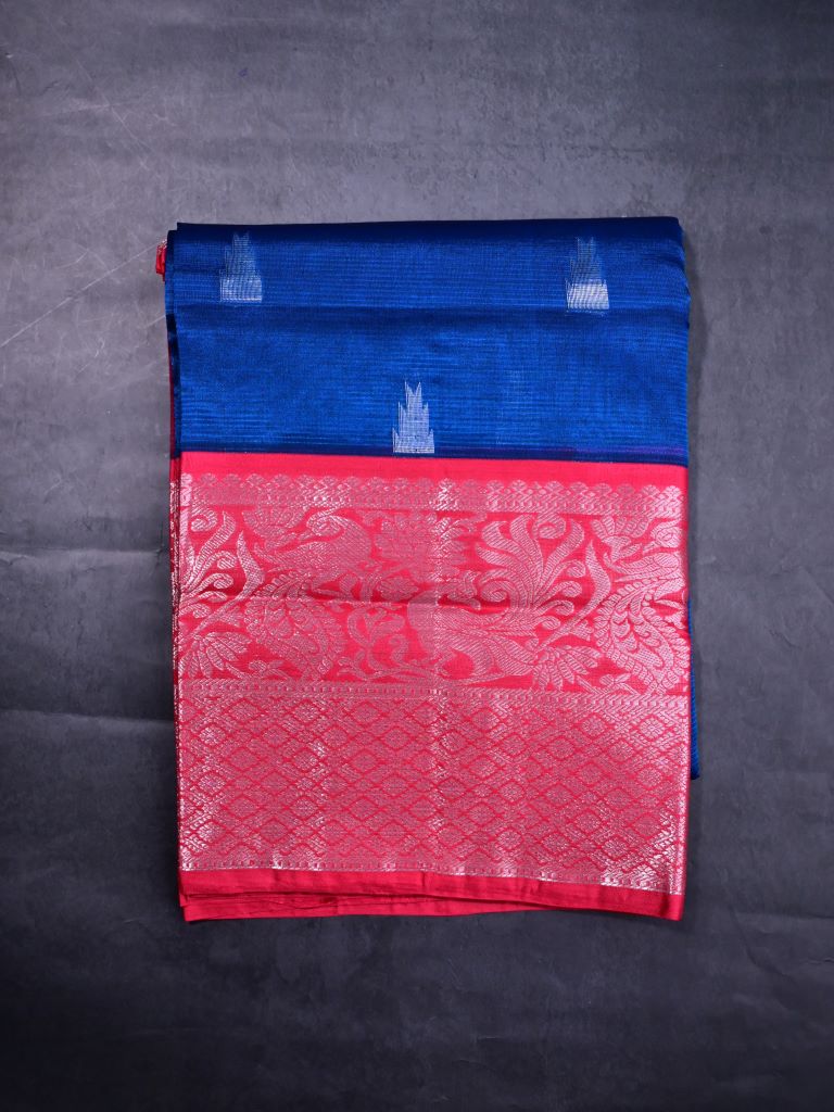 Mangalagiri fancy saree royal blue color allover zari motives & zari border with rich pallu and contrast plain blouse