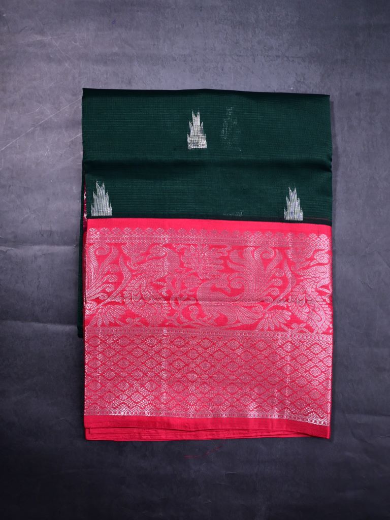 Mangalagiri fancy saree dark green color allover zari motives & zari border with rich pallu and contrast plain blouse