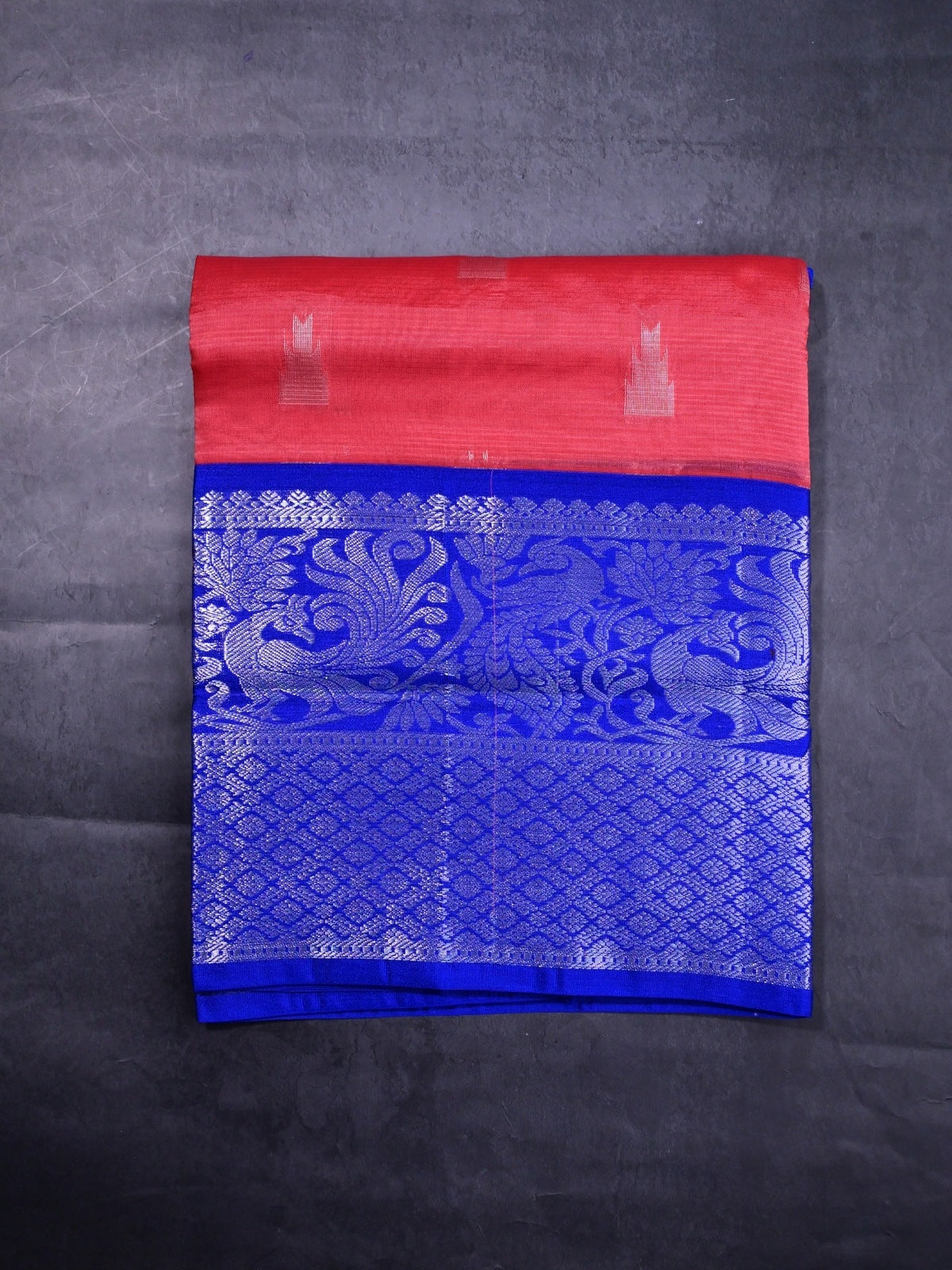 Mangalagiri fancy saree coral pink color allover zari motives & zari border with rich pallu and contrast plain blouse