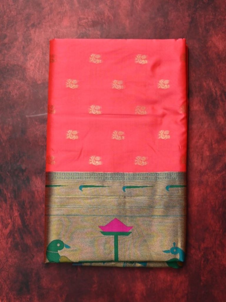 Banaras paithani fancy saree coral pink color allover zari motifs & paithani border with paithani pallu and plain boluse