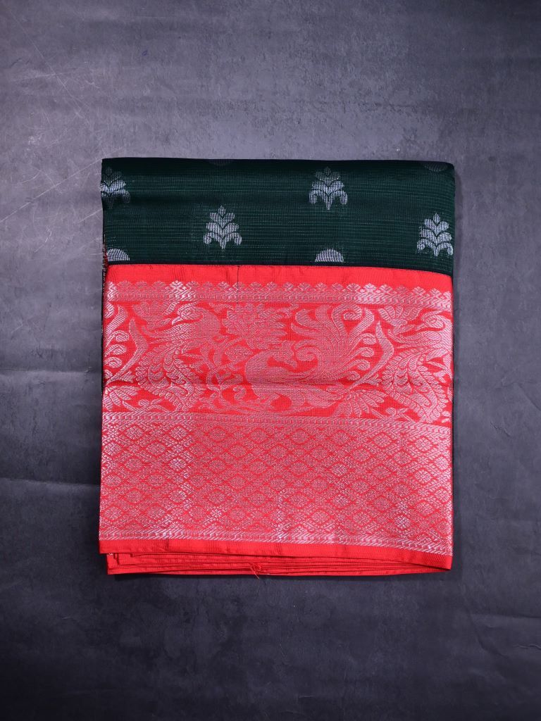 Mangalagiri fancy saree dark green color allover zari motives & zari border with rich pallu and contrast plain blouse