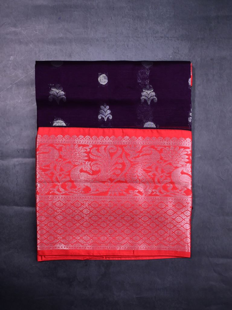 Mangalagiri fancy saree dark wine color allover zari motives & zari border with rich pallu and contrast plain blouse