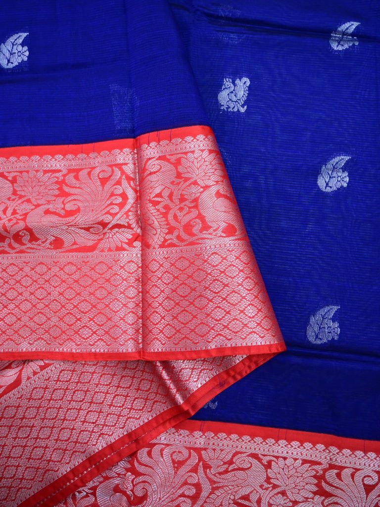 Mangalagiri fancy saree royal blue color allover zari motives & zari border with rich pallu and contrast plain blouse