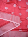 Mangalagiri fancy saree coral pink color allover zari motives & small kaddi border with rich pallu and plain tissue blouse