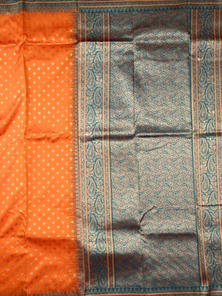Banaras fancy saree orange color allover zari motifs & zari border with contrast rich pallu and brocade blouse