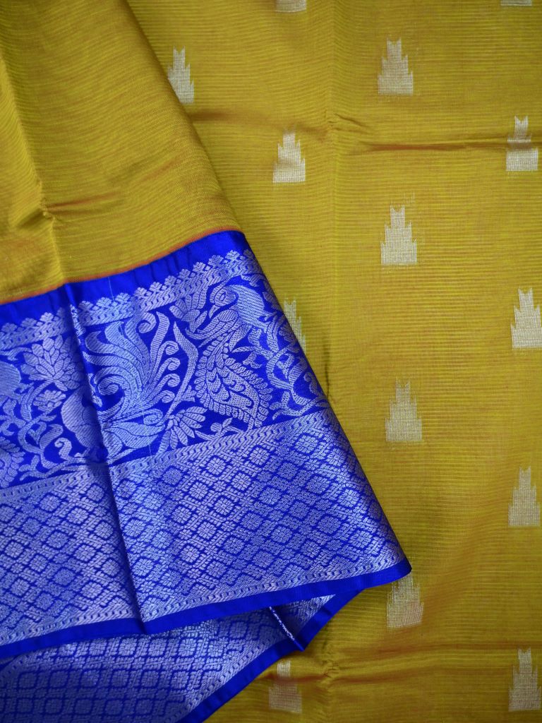 Mangalagiri fancy saree mustard yellow color allover zari motives & zari border with rich pallu and contrast plain blouse