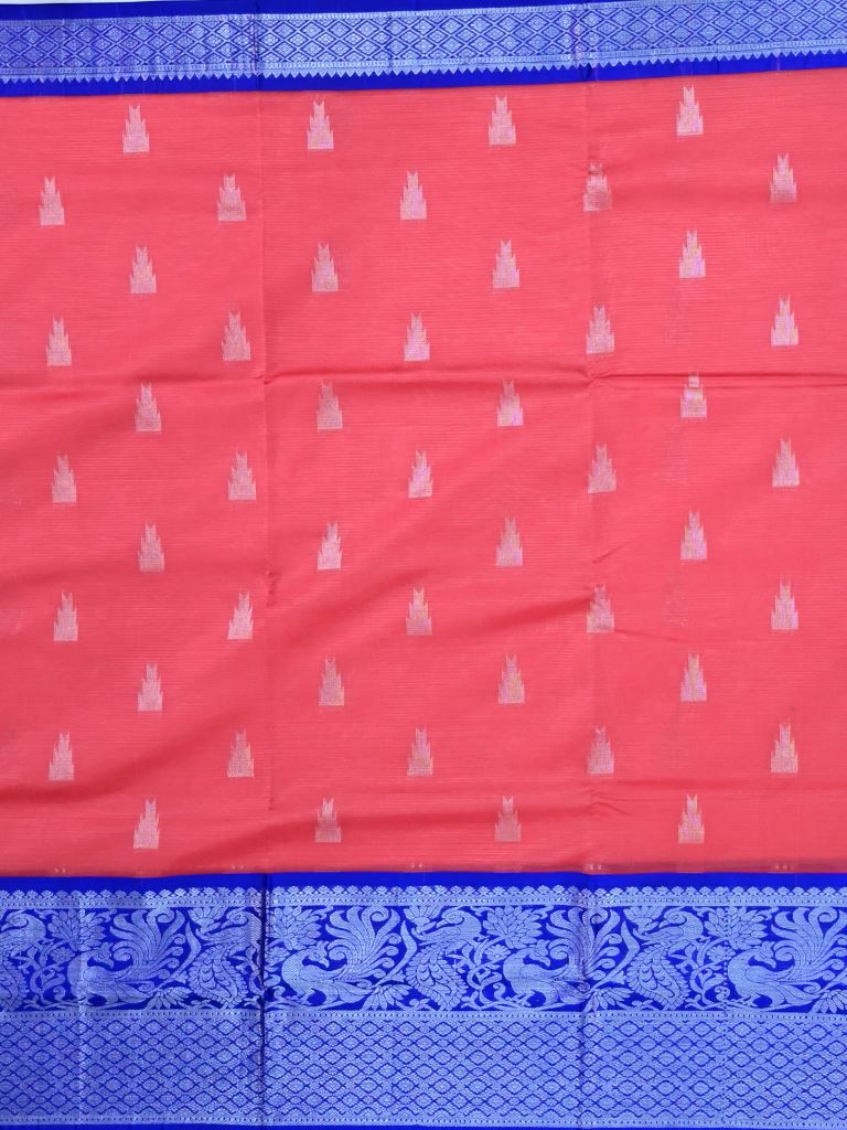 Mangalagiri fancy saree coral pink color allover zari motives & zari border with rich pallu and contrast plain blouse