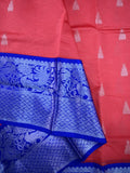 Mangalagiri fancy saree coral pink color allover zari motives & zari border with rich pallu and contrast plain blouse